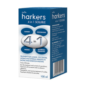 Bottle of Harkers 4 in 1 Soluble 100ml pigeon treatment